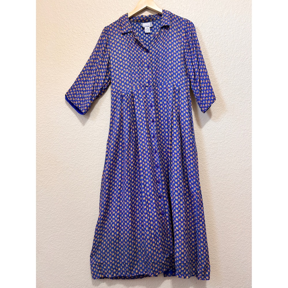 April Cornell Small Vintage Floral Button Maxi Dress Blue Boho Cottage Garden